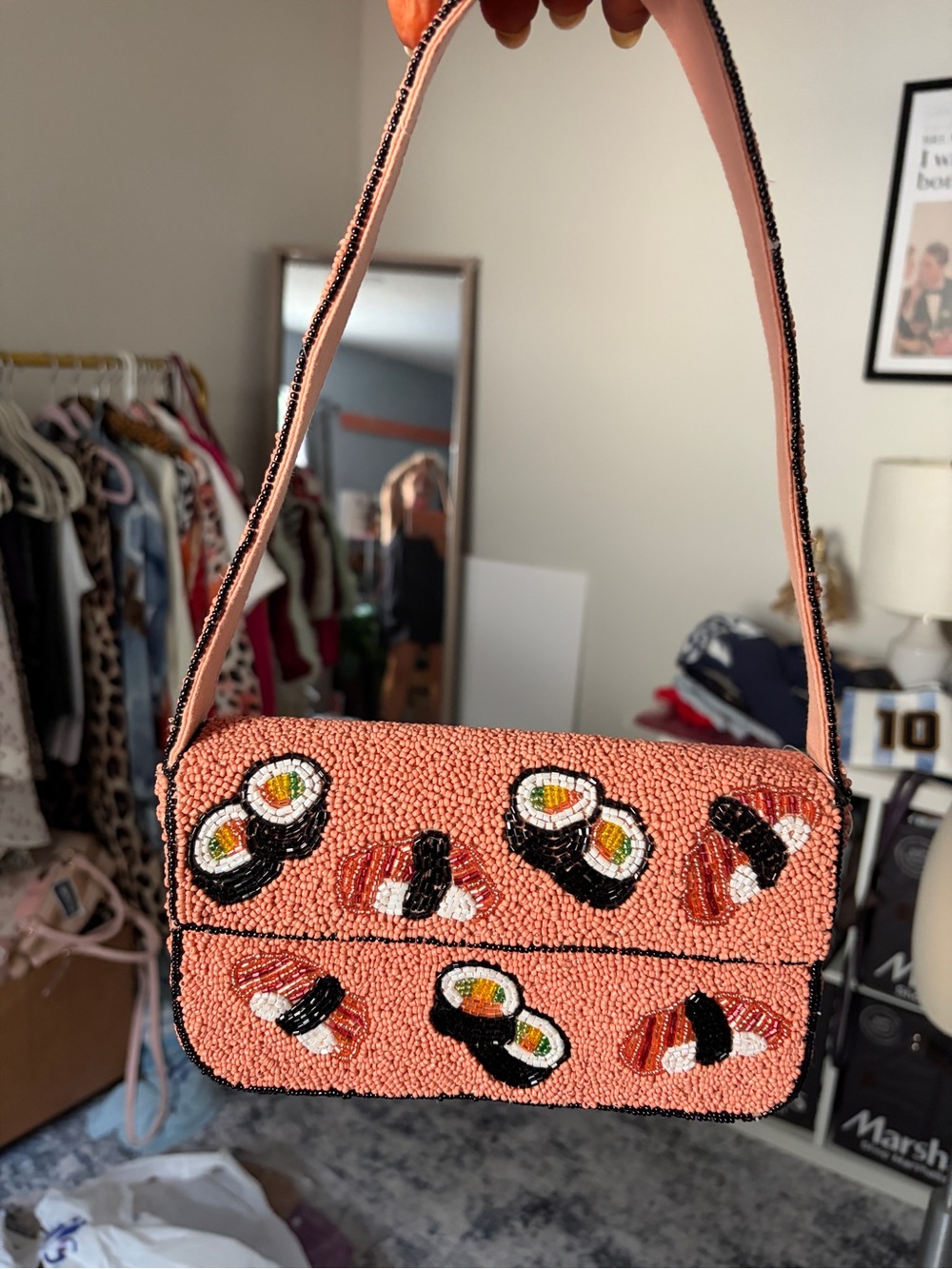 Beautiful Anthropology Salmon sushi beaded bag